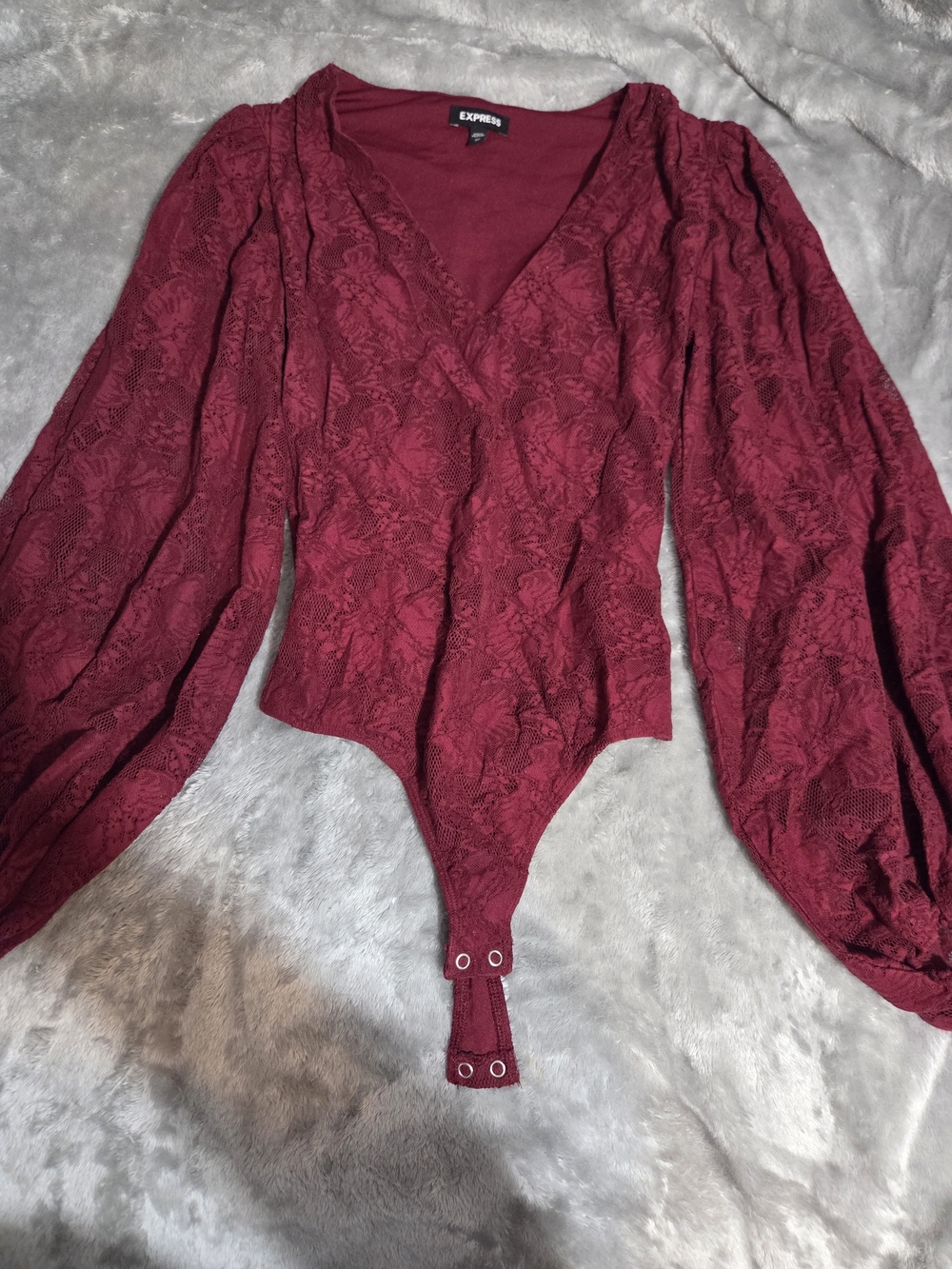 Express Women's Burgundy Lace Long-Sleeve Bodysuit